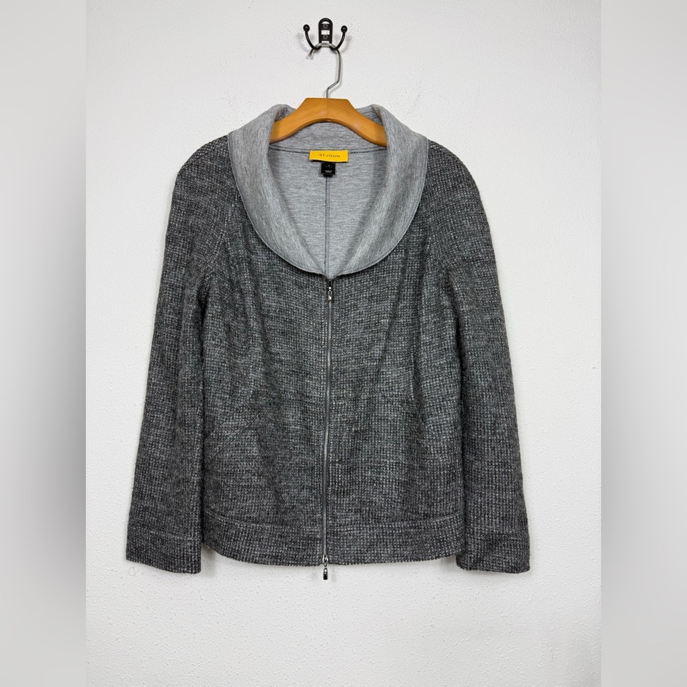St. John Gray Zip Up Draped Collar Jacket Sz Small